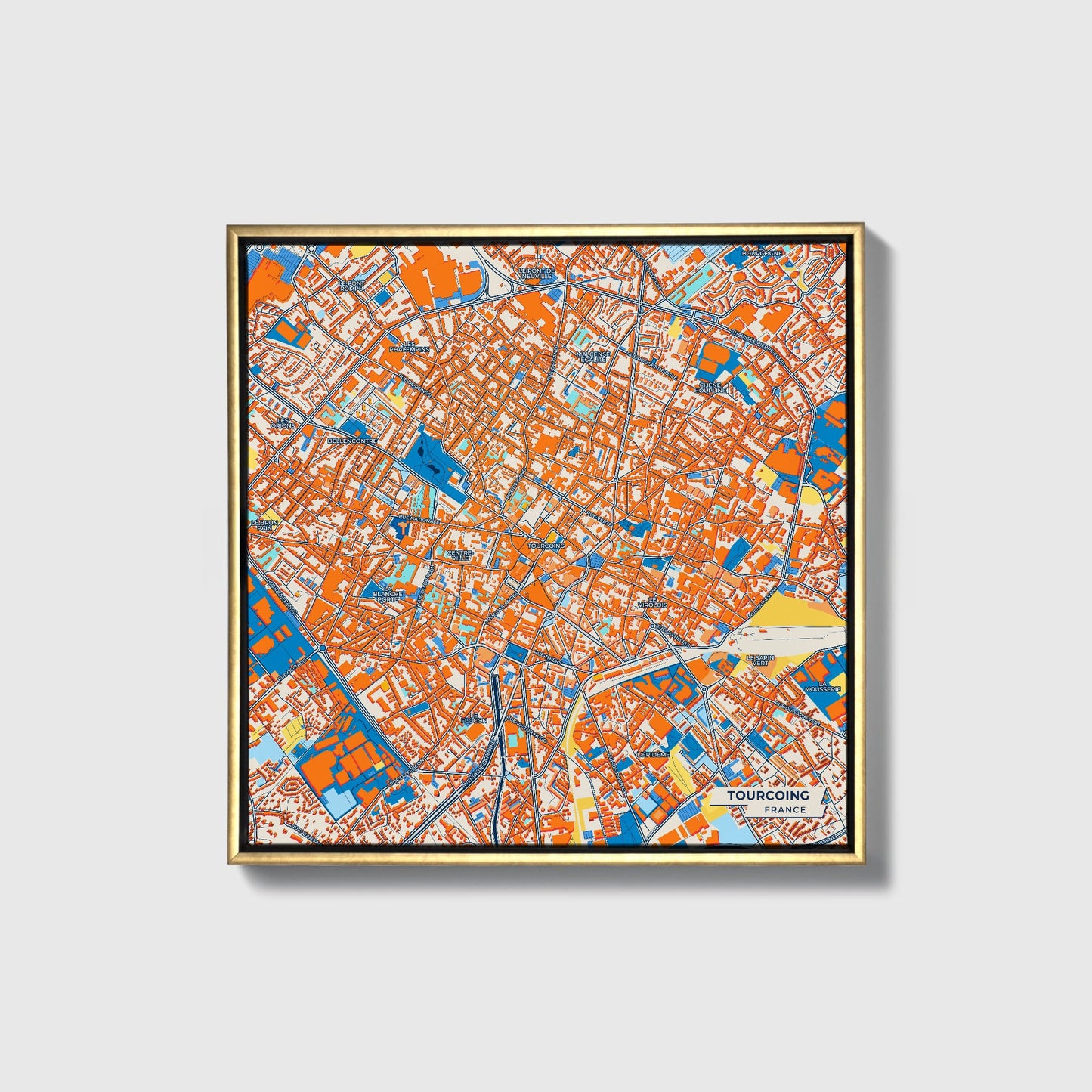 Tourcoing France Colorful City Map Canvas Print • Gold Framed