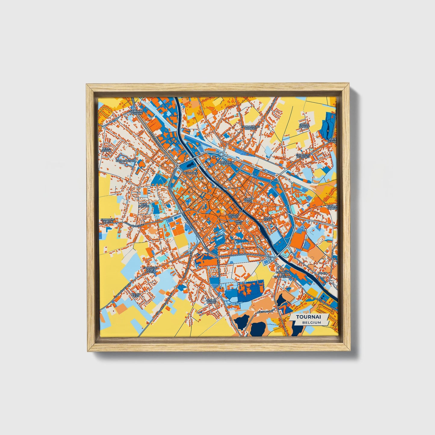 Tournai  Belgium Colorful City Map Canvas Print • Natural Wooden Framed