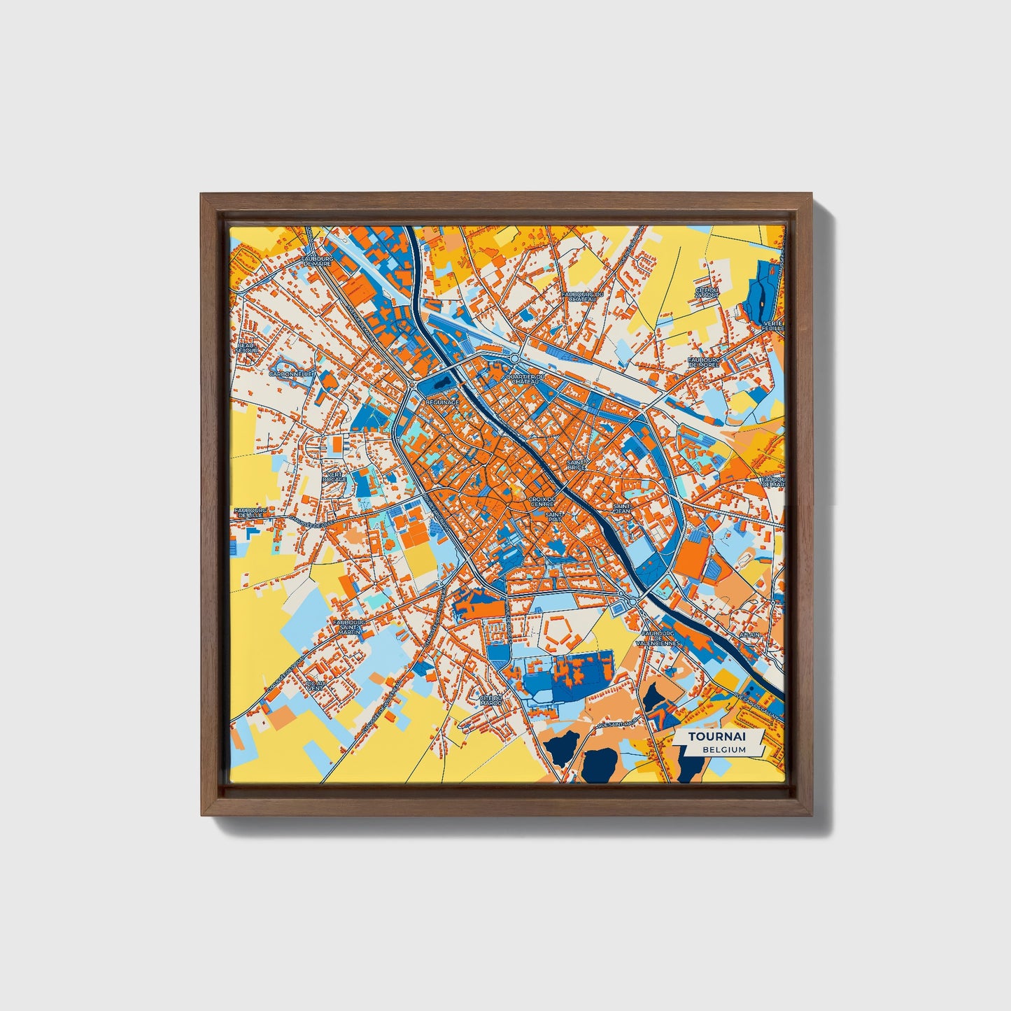 Tournai  Belgium Colorful City Map Canvas Print • Dark Wooden Framed