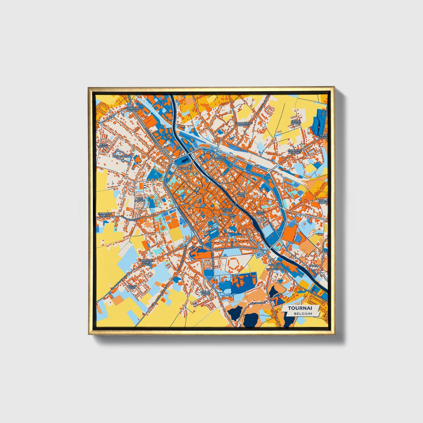 Tournai  Belgium Colorful City Map Canvas Print • Gold Framed