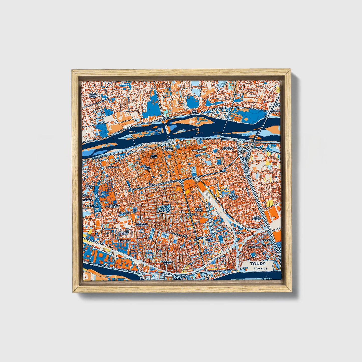 Tours France Colorful City Map Canvas Print • Natural Wooden Framed