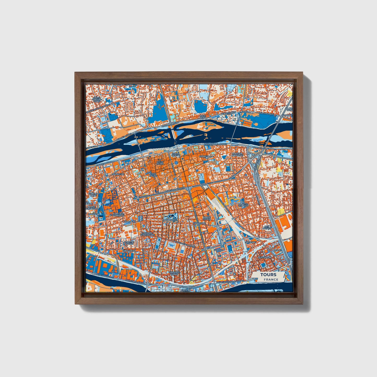 Tours France Colorful City Map Canvas Print • Dark Wooden Framed