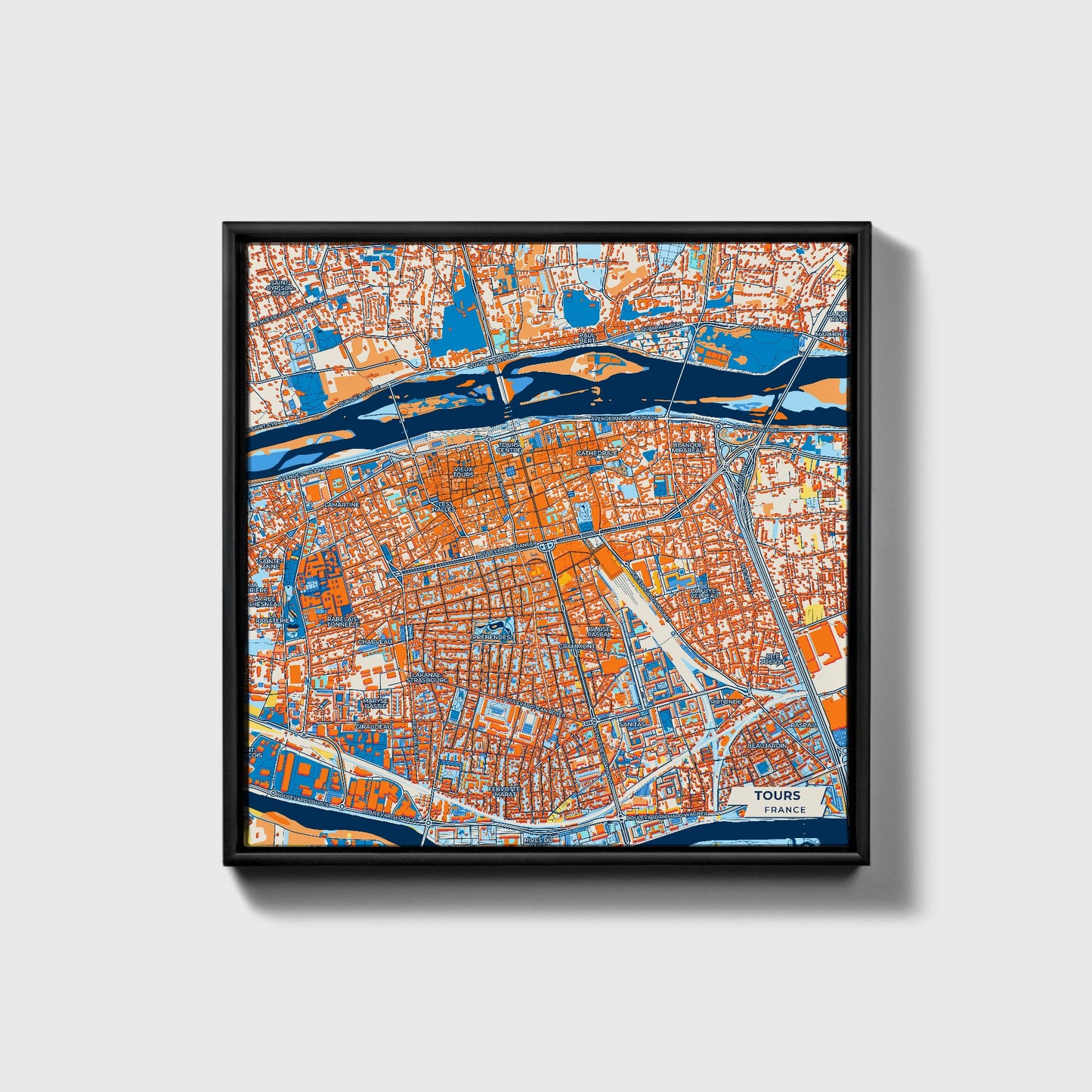 Tours France Colorful City Map Canvas Print • Black Framed