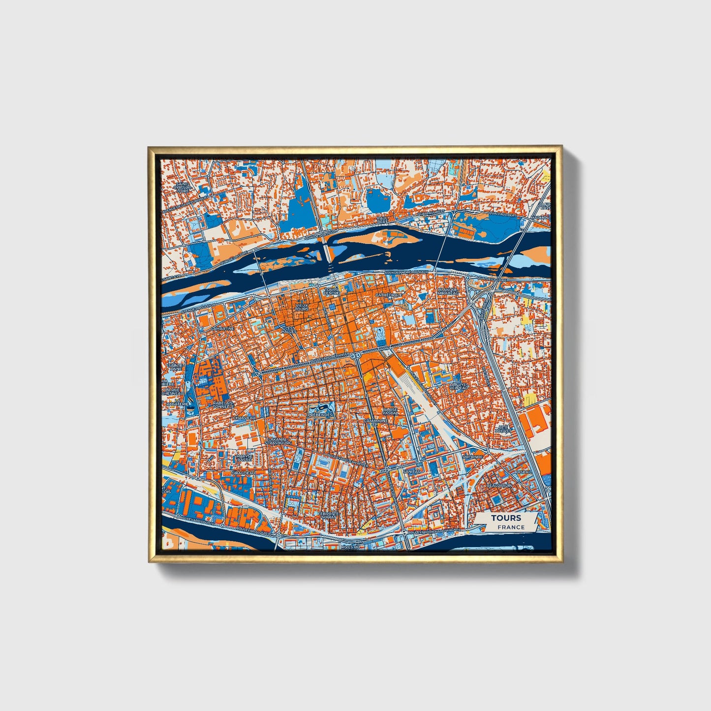 Tours France Colorful City Map Canvas Print • Gold Framed