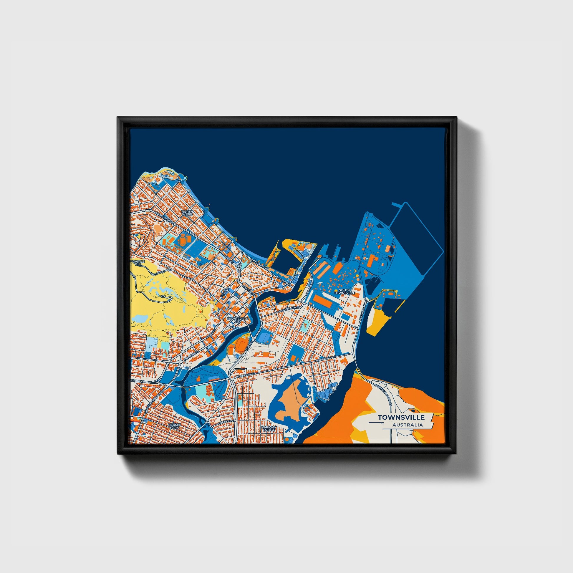 Townsville Australia Colorful City Map Canvas Print • Black Framed