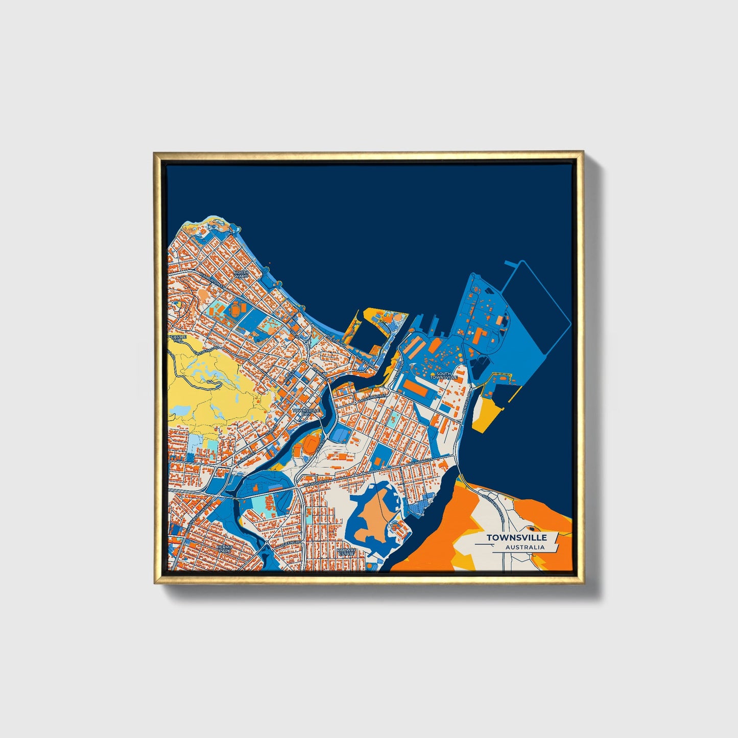 Townsville Australia Colorful City Map Canvas Print • Gold Framed