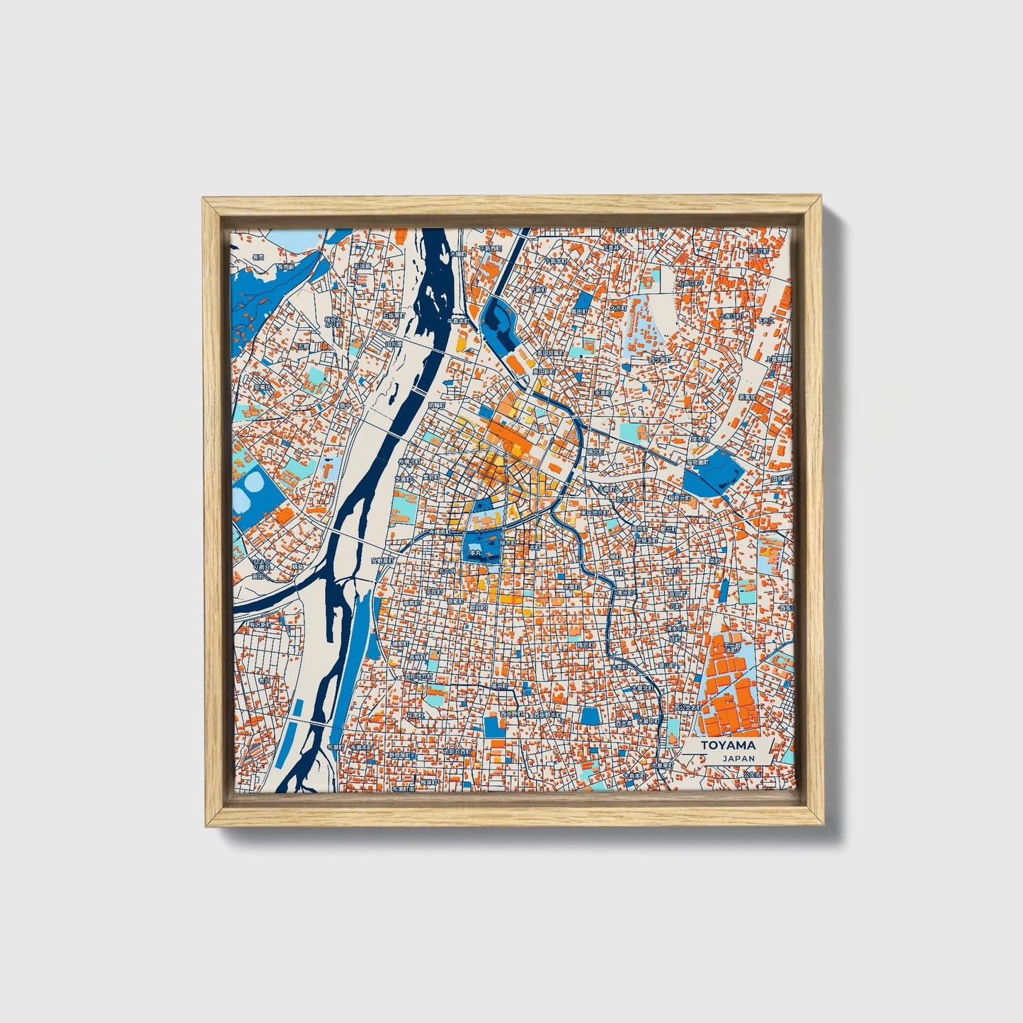Toyama Japan Colorful City Map Canvas Print • Natural Wooden Framed