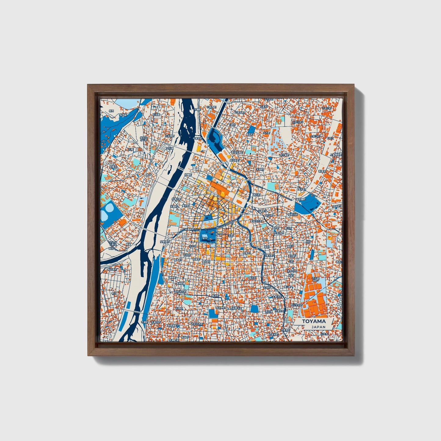 Toyama Japan Colorful City Map Canvas Print • Dark Wooden Framed