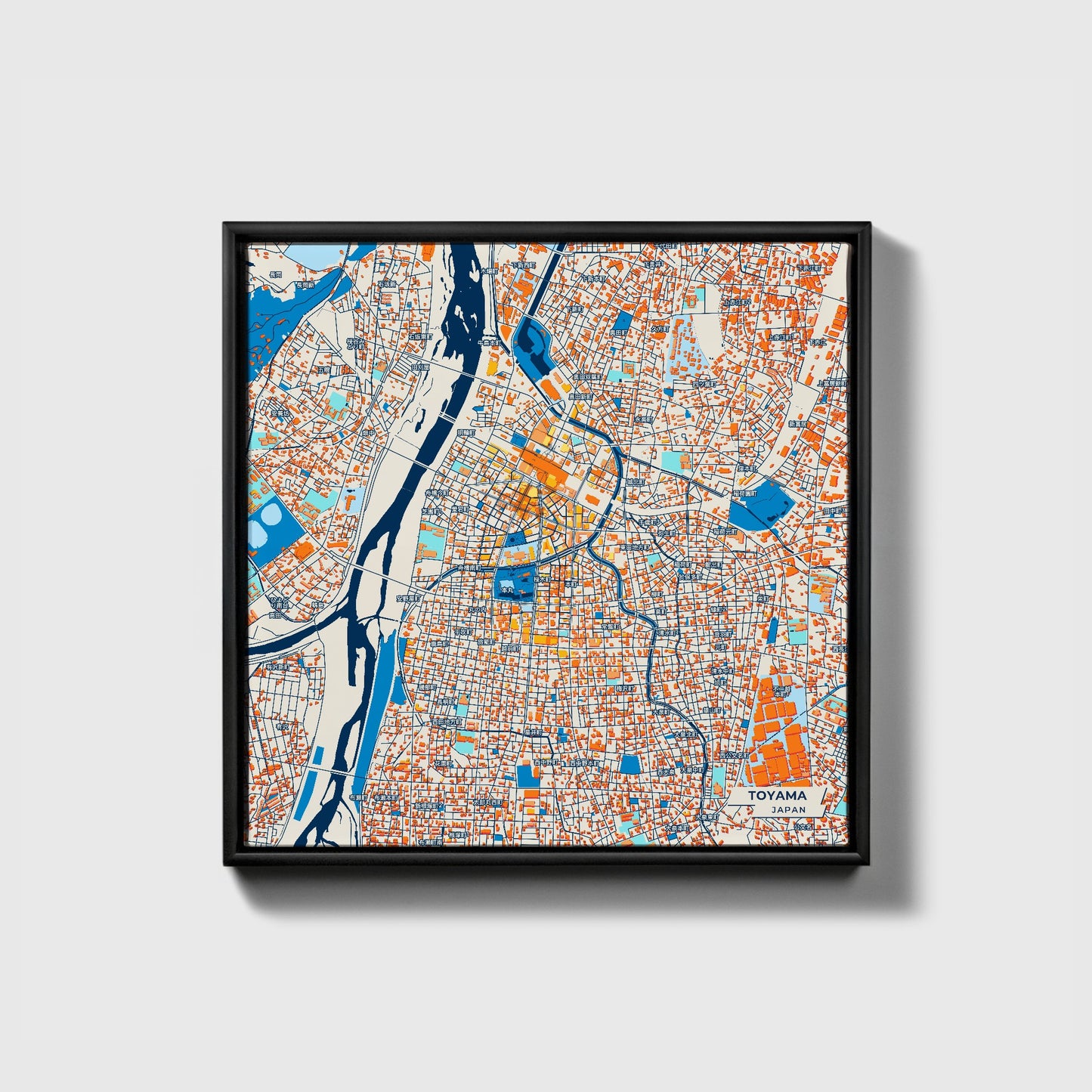 Toyama Japan Colorful City Map Canvas Print • Black Framed