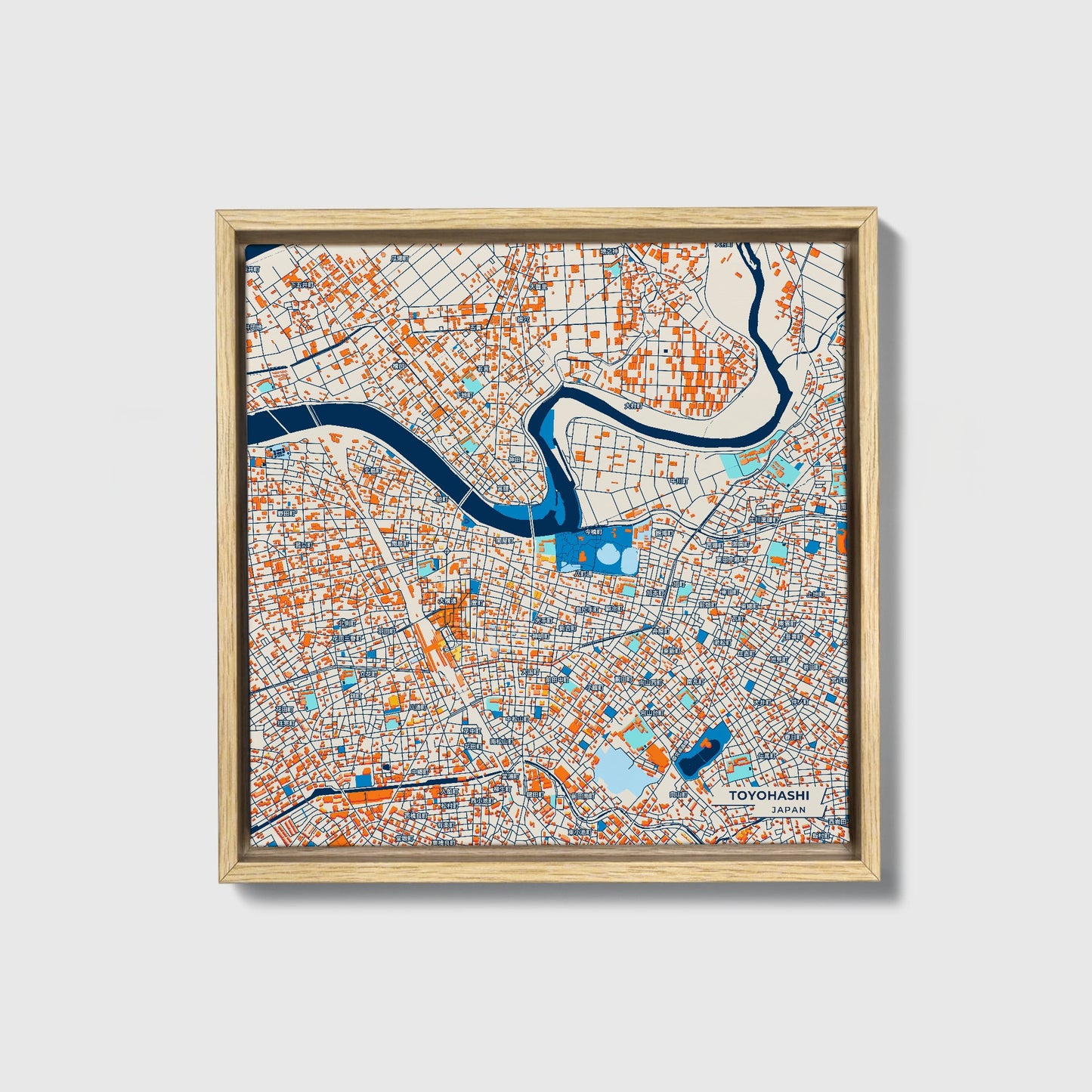 Toyohashi Japan Colorful City Map Canvas Print • Natural Wooden Framed
