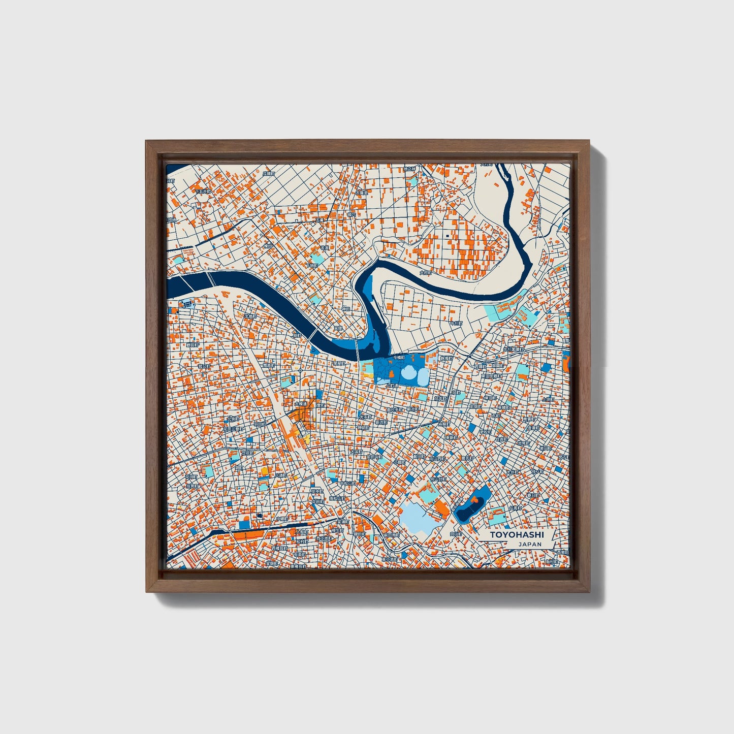 Toyohashi Japan Colorful City Map Canvas Print • Dark Wooden Framed