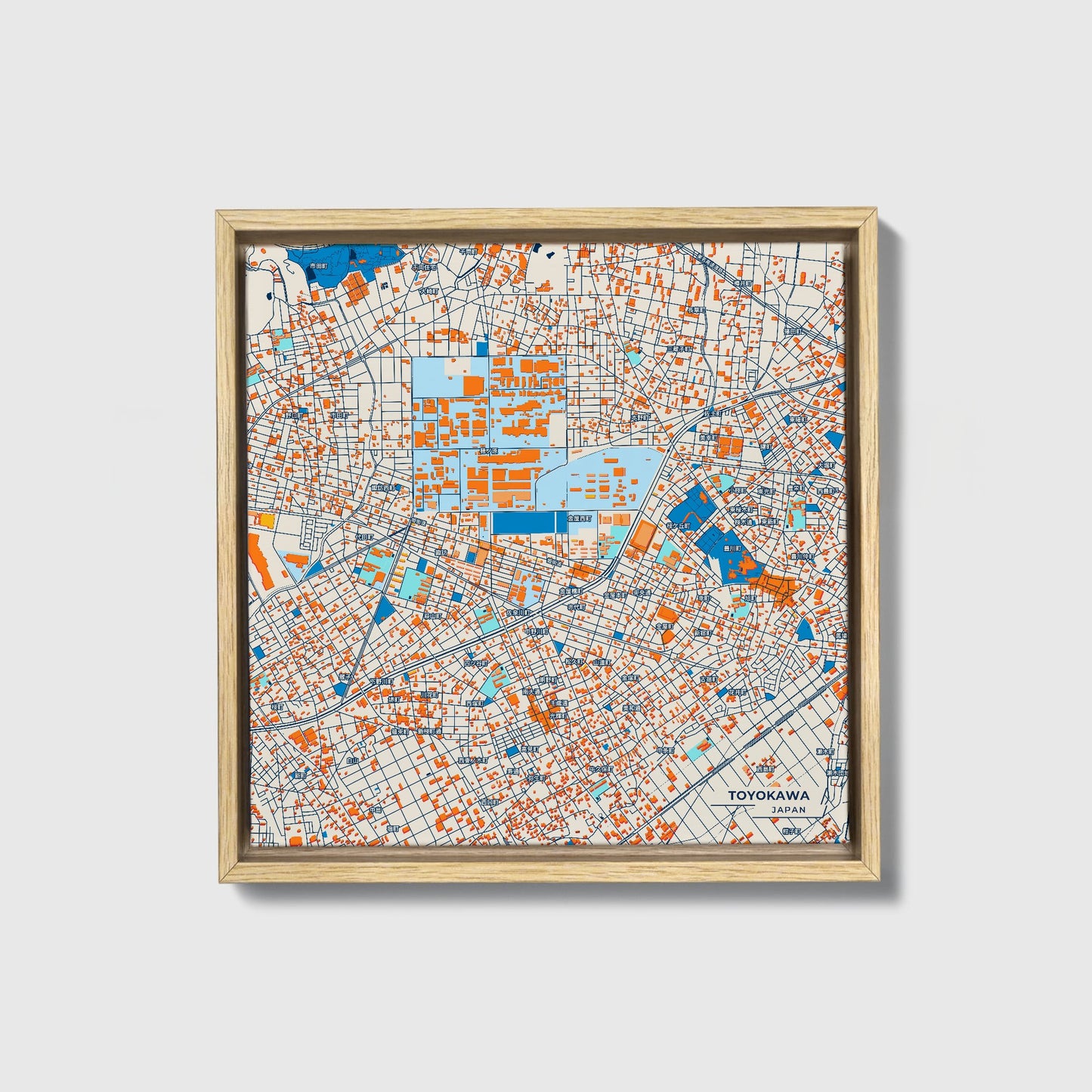 Toyokawa Japan Colorful City Map Canvas Print • Natural Wooden Framed