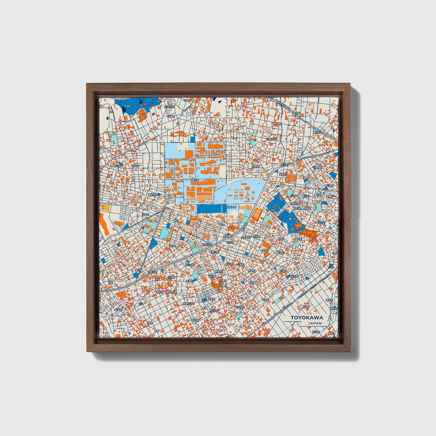 Toyokawa Japan Colorful City Map Canvas Print • Dark Wooden Framed