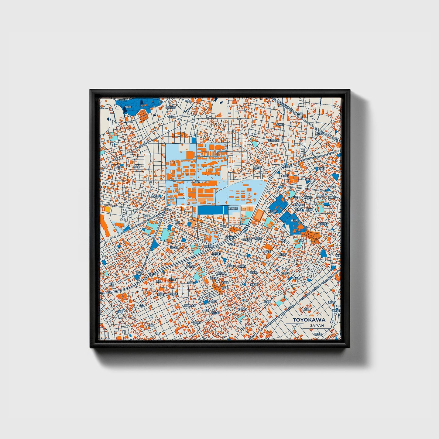 Toyokawa Japan Colorful City Map Canvas Print • Black Framed