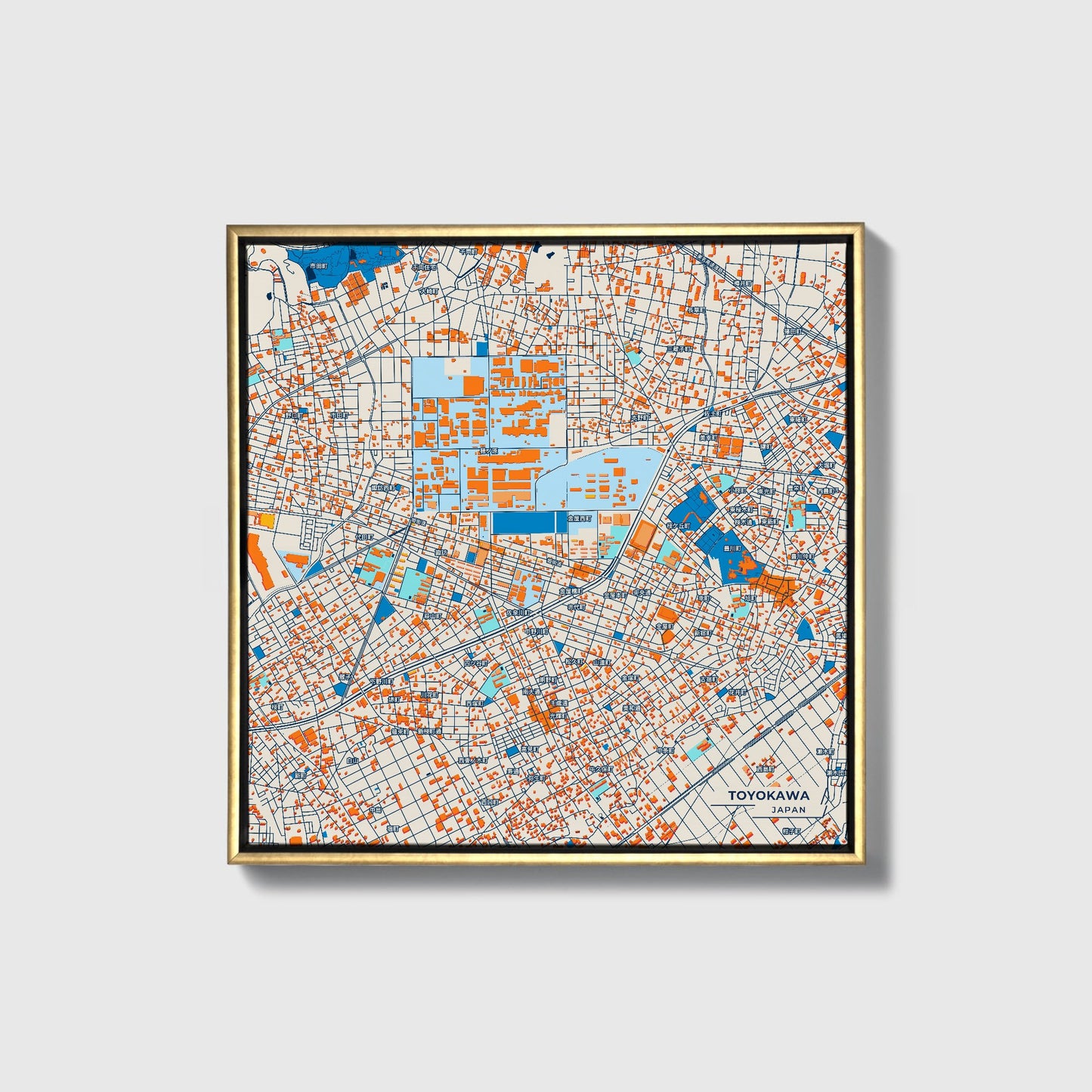 Toyokawa Japan Colorful City Map Canvas Print • Gold Framed