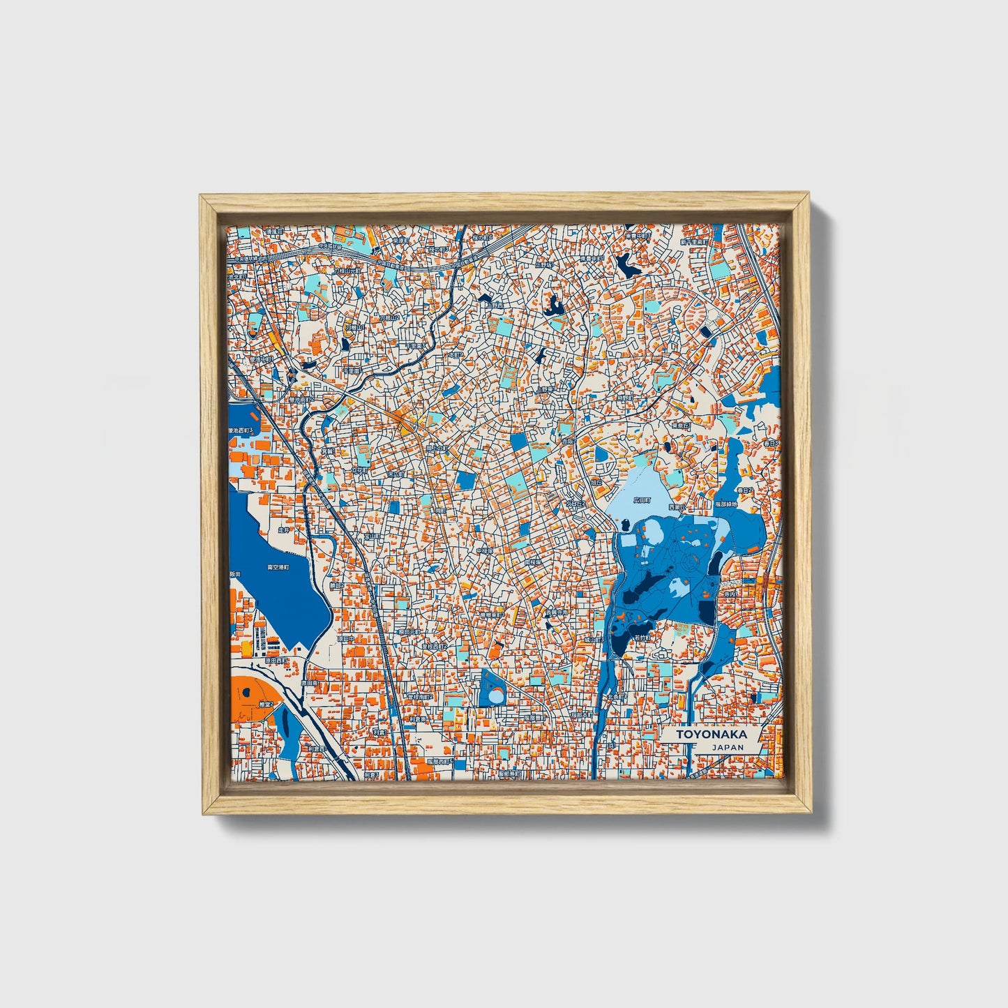 Toyonaka Japan Colorful City Map Canvas Print • Natural Wooden Framed