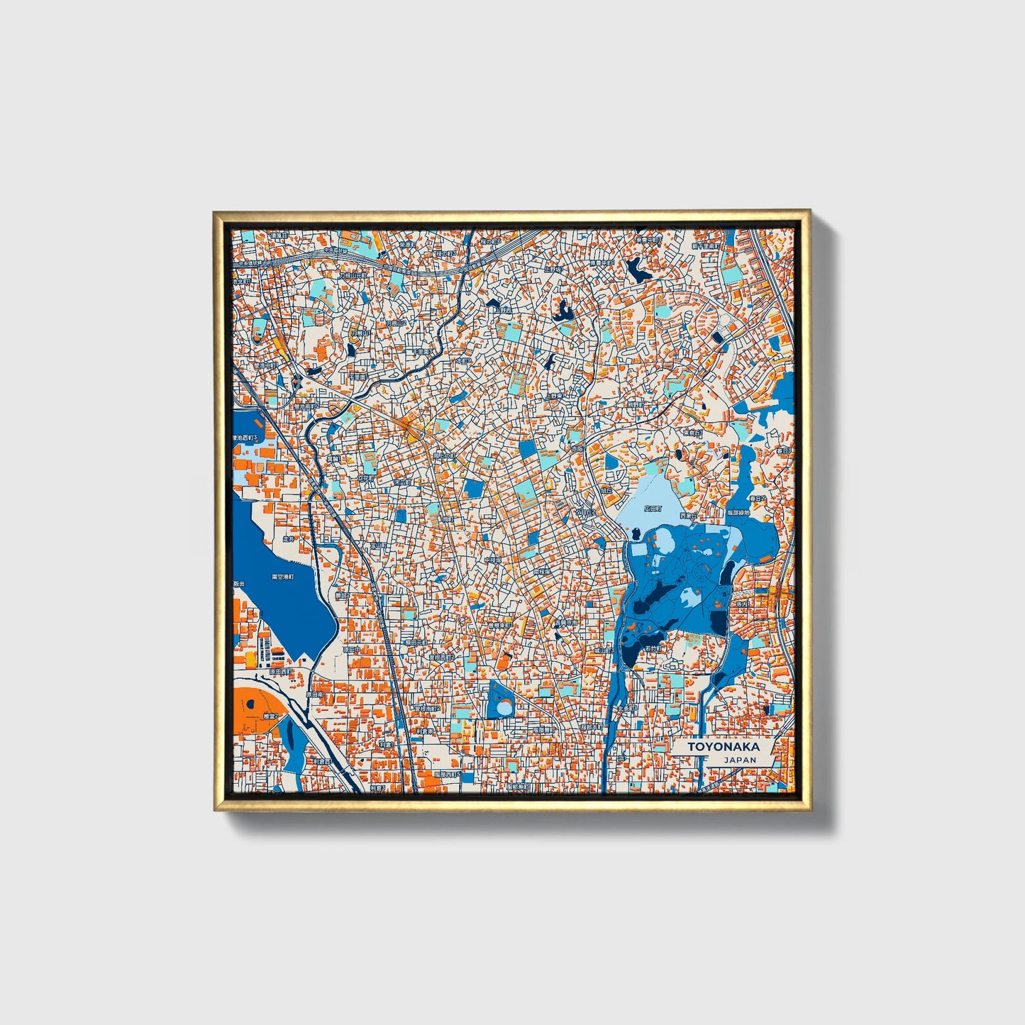 Toyonaka Japan Colorful City Map Canvas Print • Gold Framed