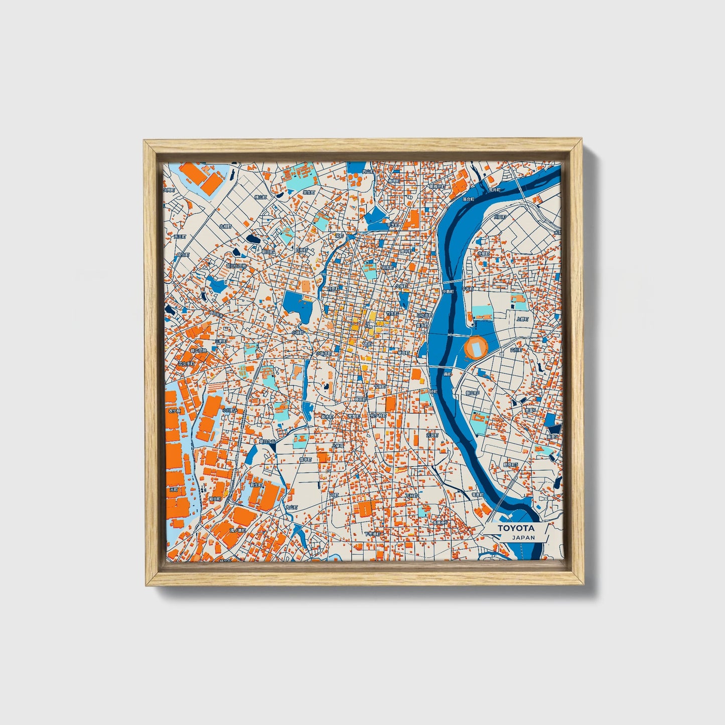 Toyota Japan Colorful City Map Canvas Print • Natural Wooden Framed