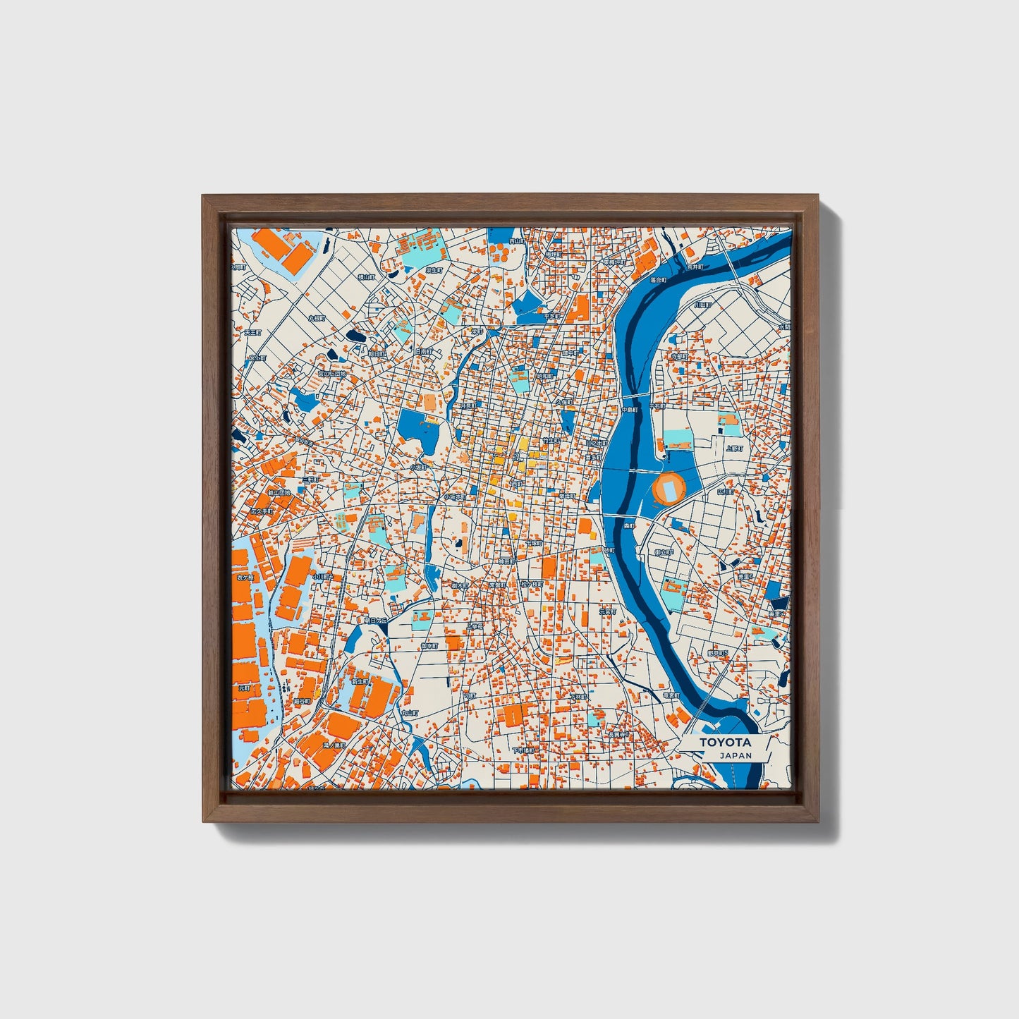 Toyota Japan Colorful City Map Canvas Print • Dark Wooden Framed
