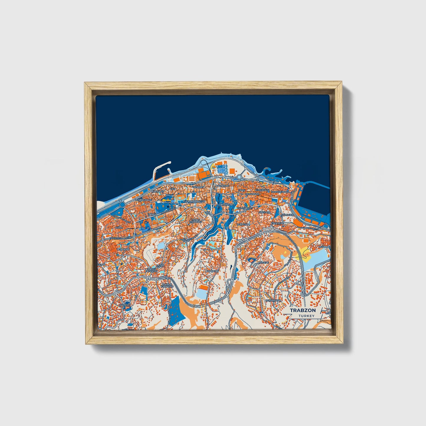 Trabzon Turkey Colorful City Map Canvas Print • Natural Wooden Framed