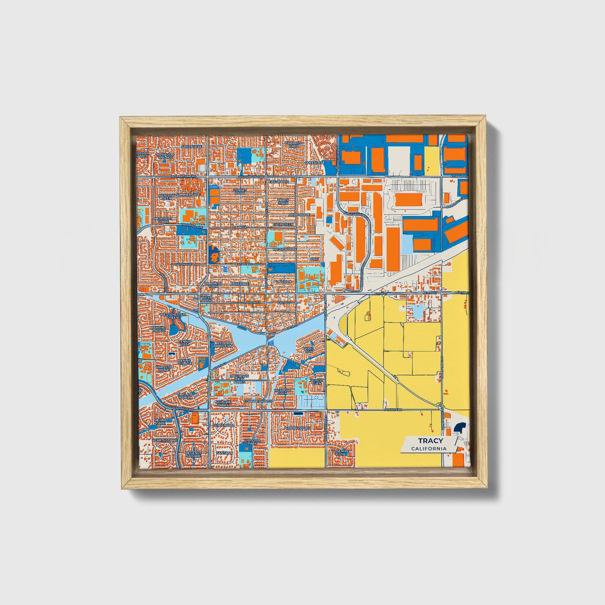 Tracy California Colorful City Map Canvas Print • Natural Wooden Framed