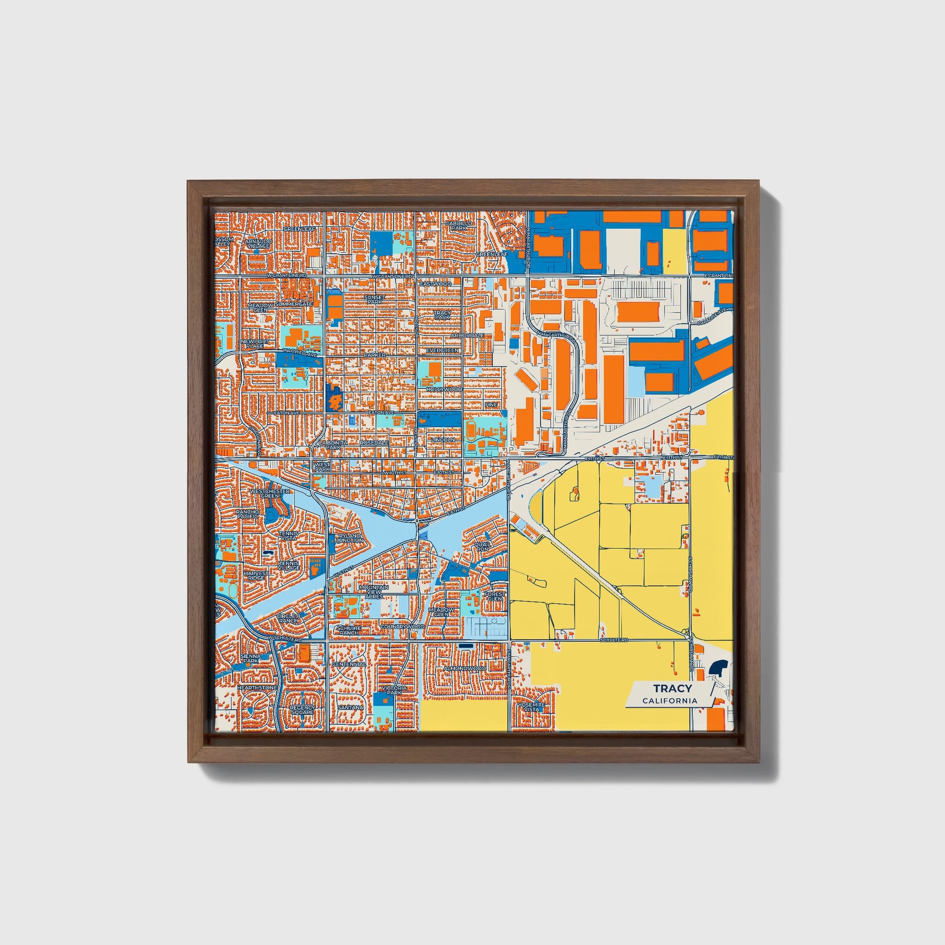 Tracy California Colorful City Map Canvas Print • Dark Wooden Framed