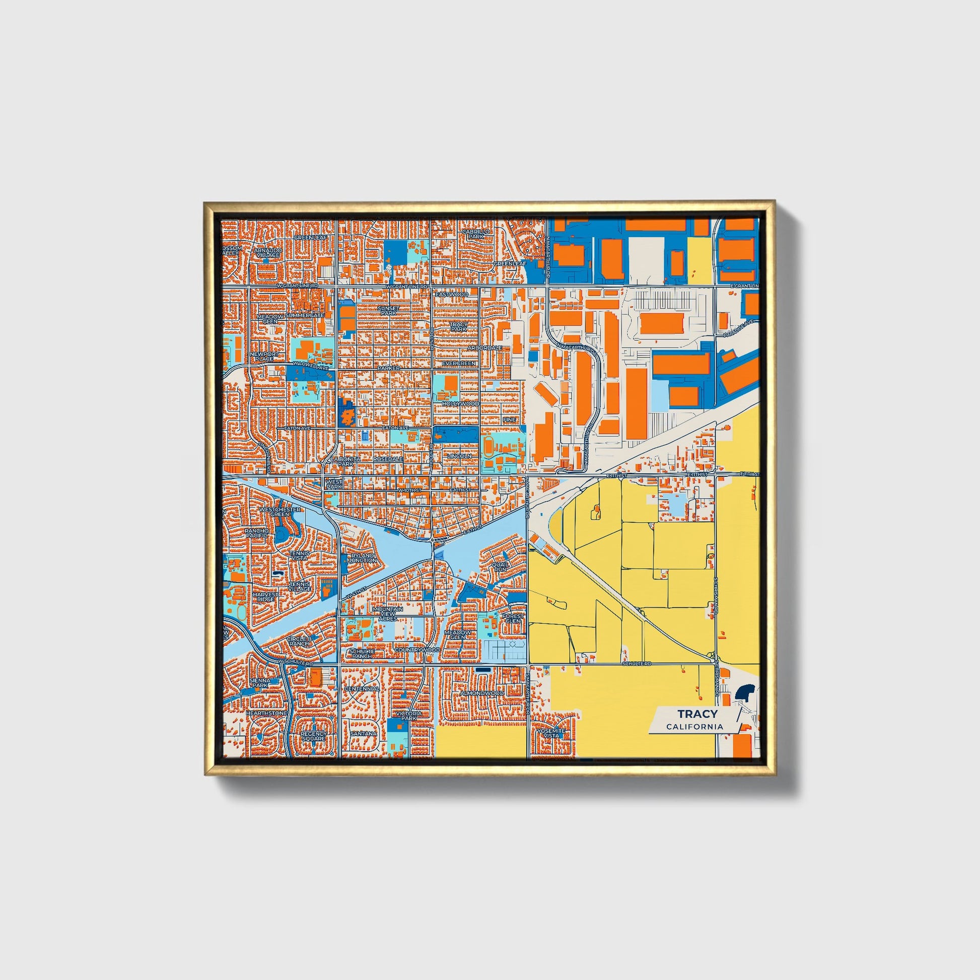 Tracy California Colorful City Map Canvas Print • Gold Framed