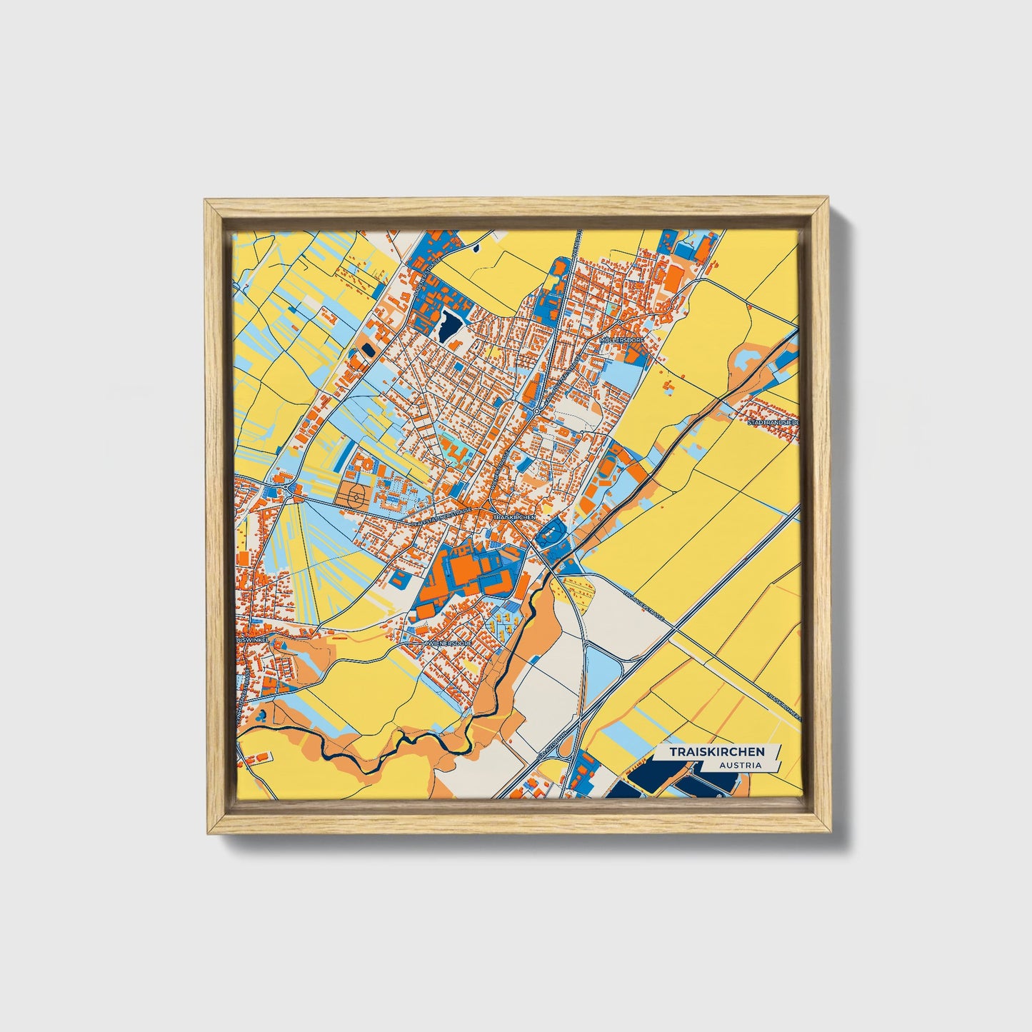Traiskirchen Austria Colorful City Map Canvas Print • Natural Wooden Framed