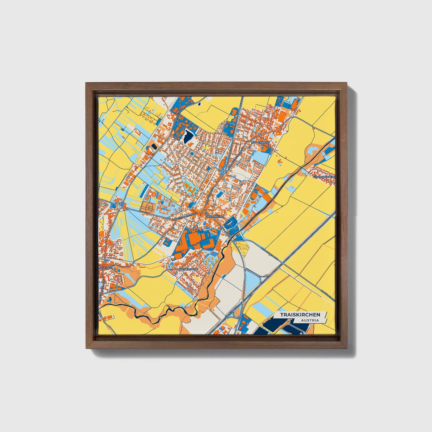 Traiskirchen Austria Colorful City Map Canvas Print • Dark Wooden Framed