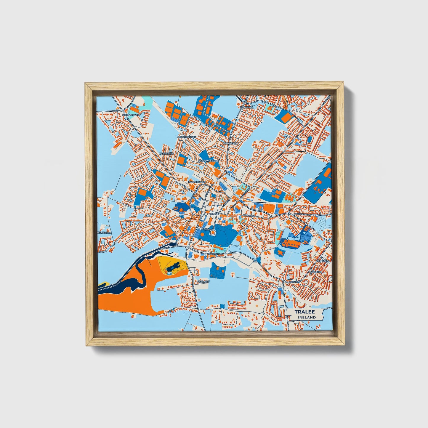 Tralee Ireland Colorful City Map Canvas Print • Natural Wooden Framed