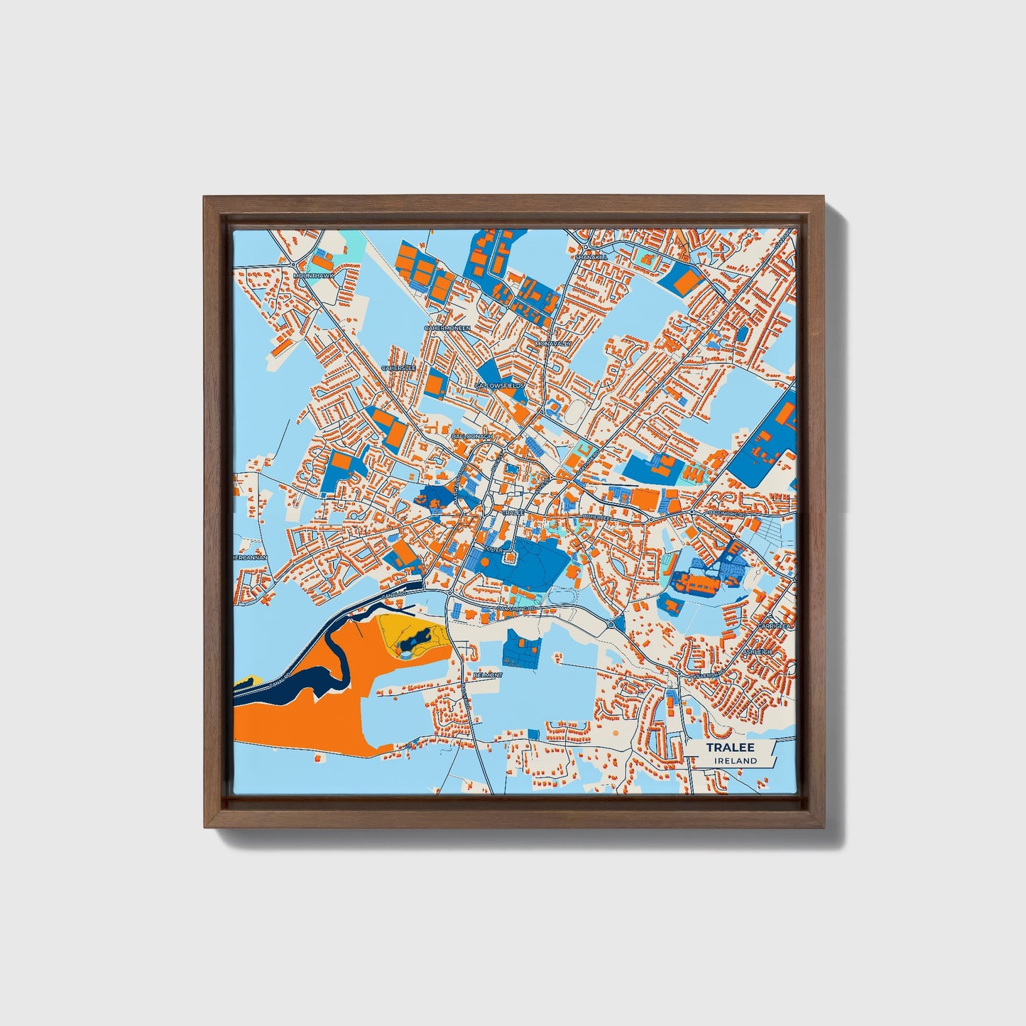 Tralee Ireland Colorful City Map Canvas Print • Dark Wooden Framed