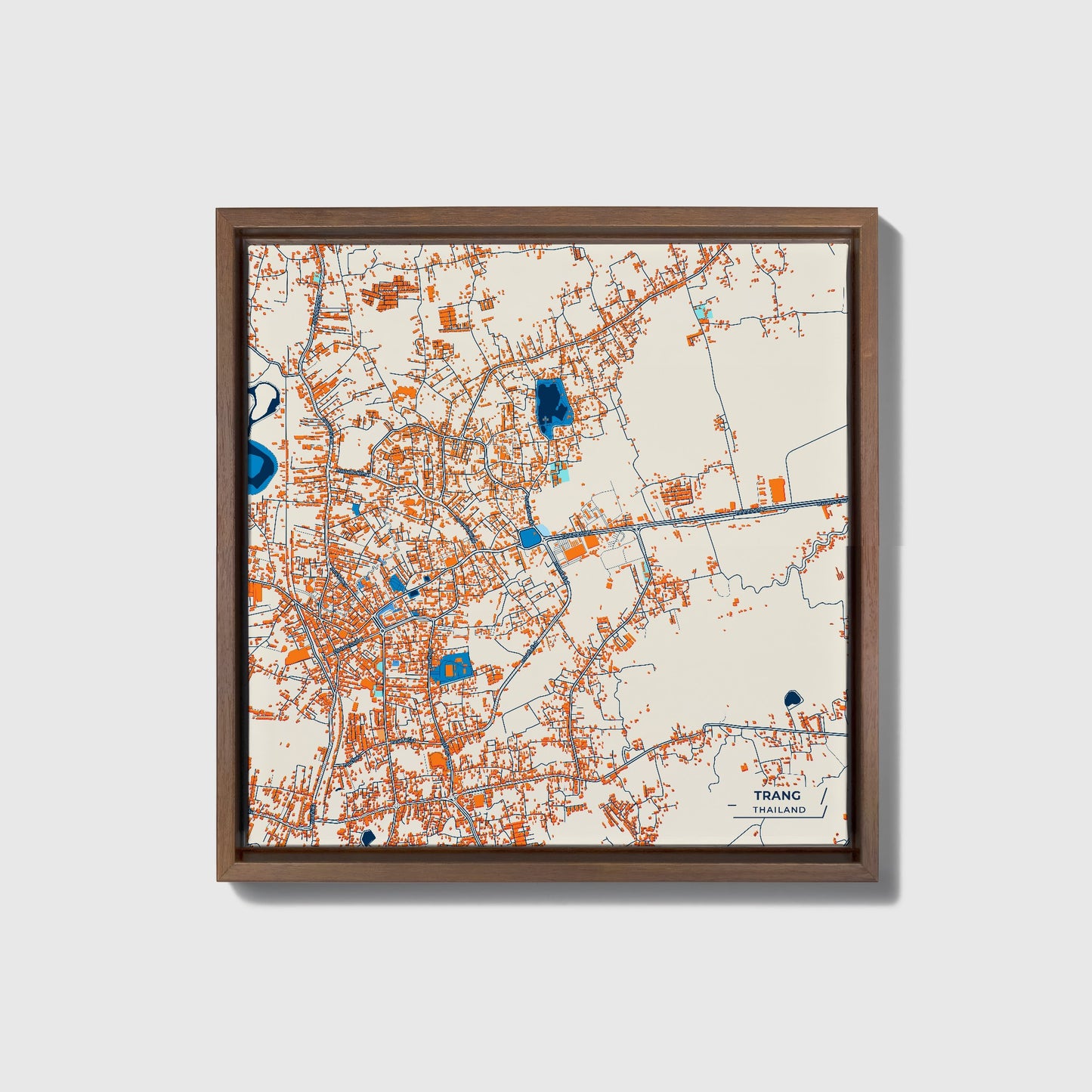 Trang Thailand Colorful City Map Canvas Print • Dark Wooden Framed
