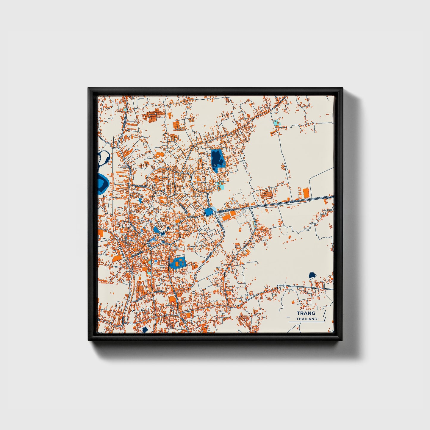 Trang Thailand Colorful City Map Canvas Print • Black Framed