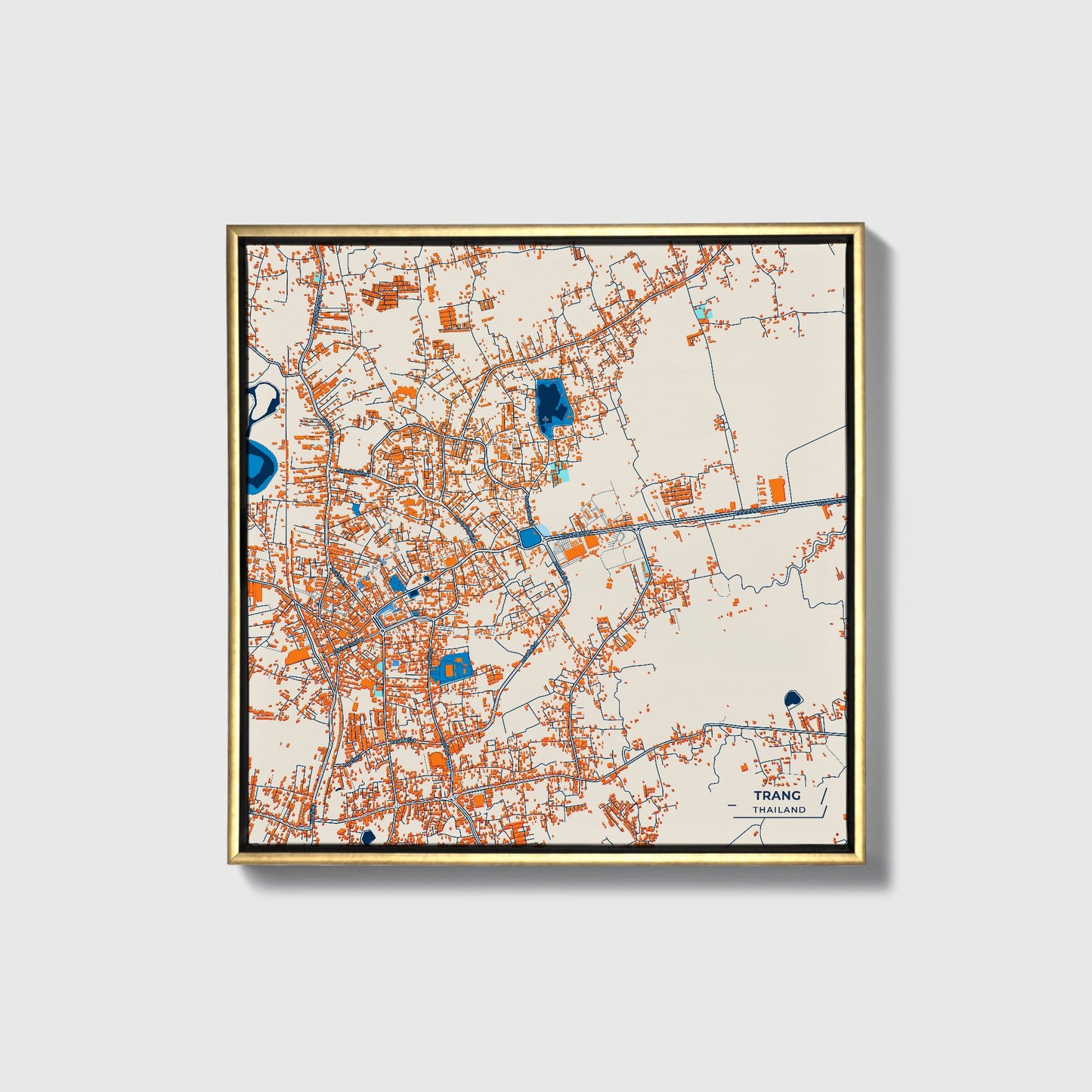 Trang Thailand Colorful City Map Canvas Print • Gold Framed