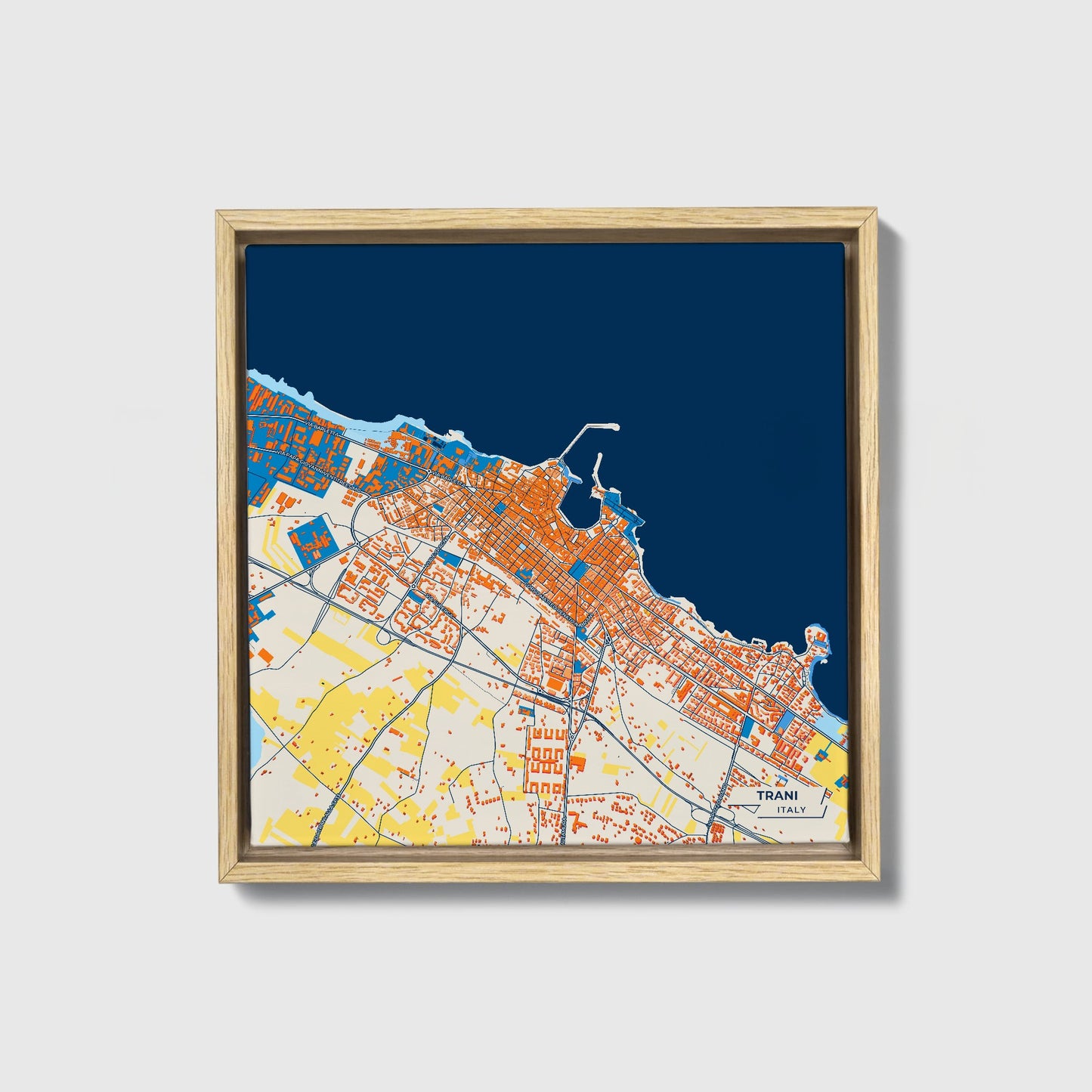 Trani Italy Colorful City Map Canvas Print • Natural Wooden Framed