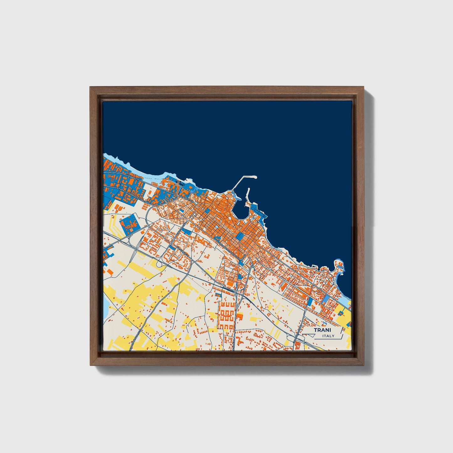 Trani Italy Colorful City Map Canvas Print • Dark Wooden Framed