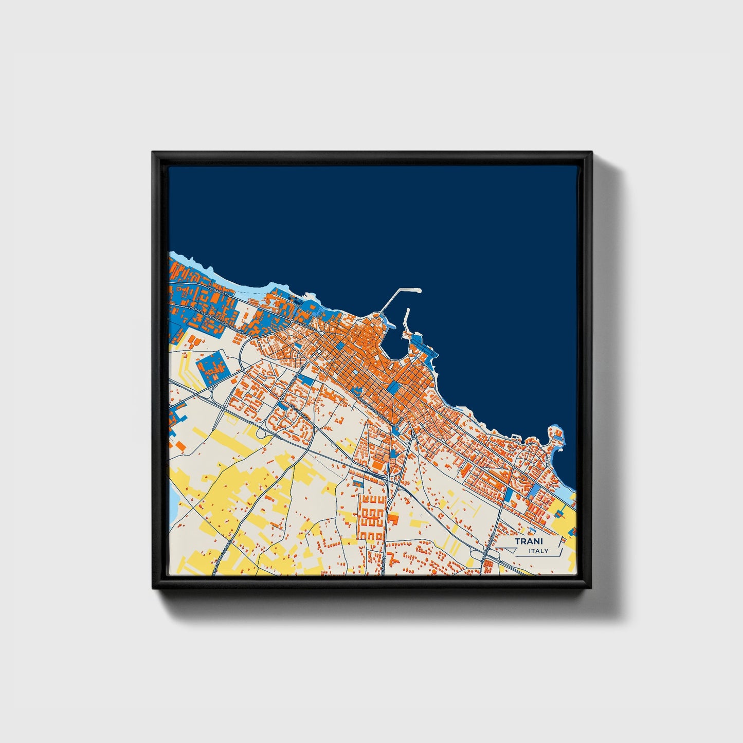 Trani Italy Colorful City Map Canvas Print • Black Framed