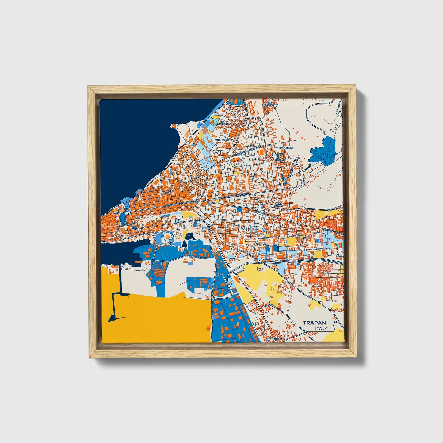 Trapani Italy Colorful City Map Canvas Print • Natural Wooden Framed