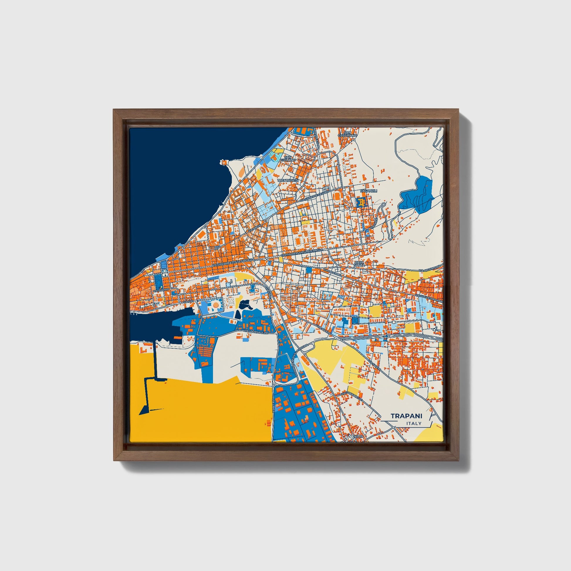 Trapani Italy Colorful City Map Canvas Print • Dark Wooden Framed