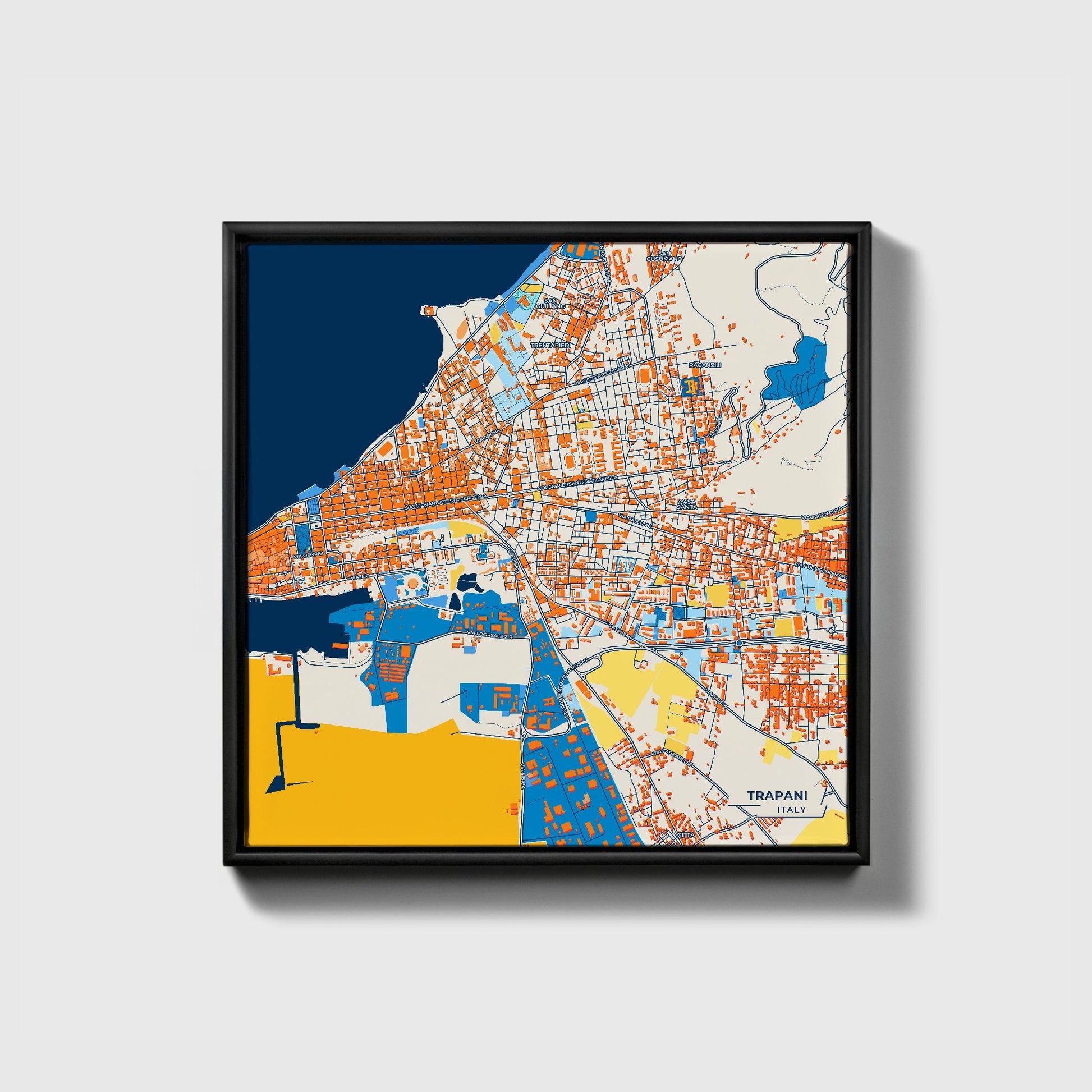 Trapani Italy Colorful City Map Canvas Print • Black Framed