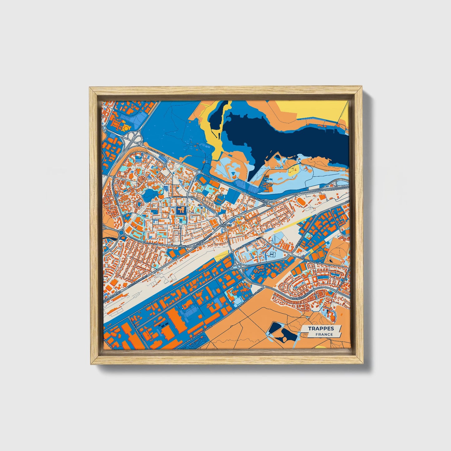 Trappes France Colorful City Map Canvas Print • Natural Wooden Framed