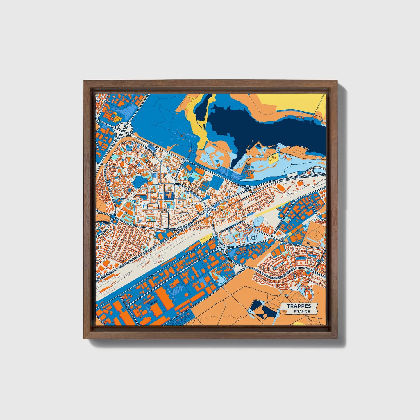 Trappes France Colorful City Map Canvas Print • Dark Wooden Framed