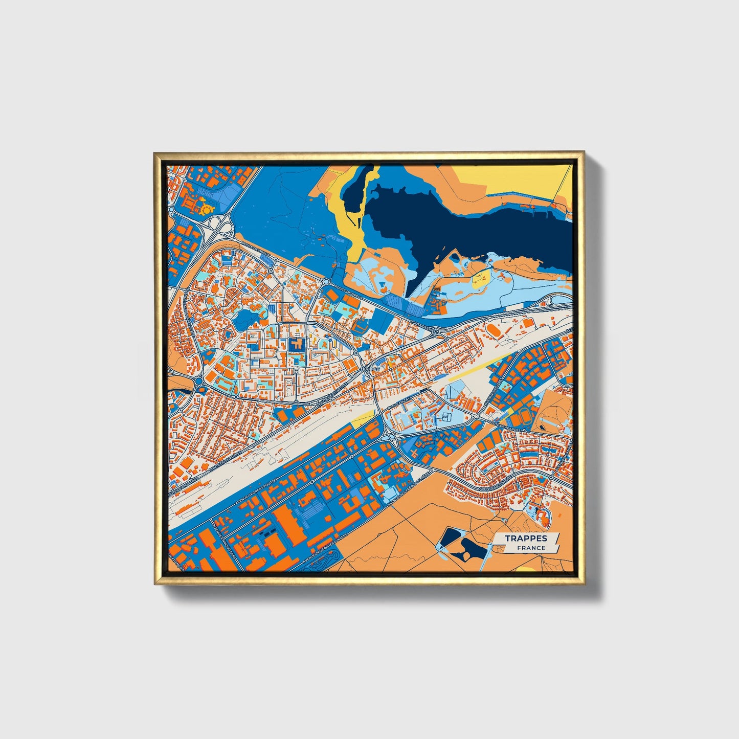 Trappes France Colorful City Map Canvas Print • Gold Framed