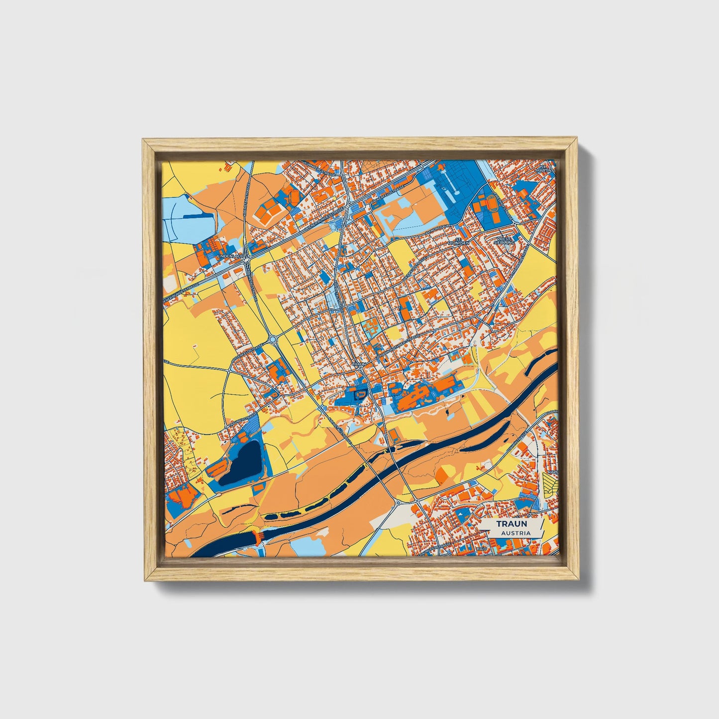 Traun Austria Colorful City Map Canvas Print • Natural Wooden Framed