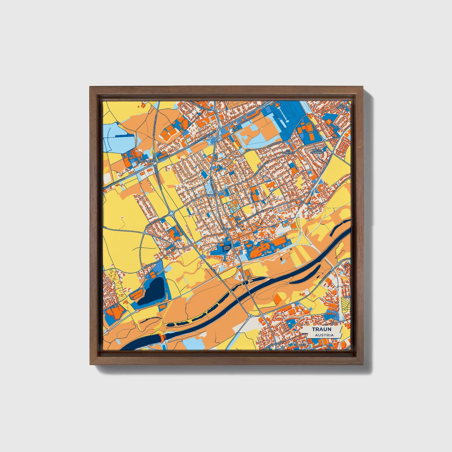 Traun Austria Colorful City Map Canvas Print • Dark Wooden Framed