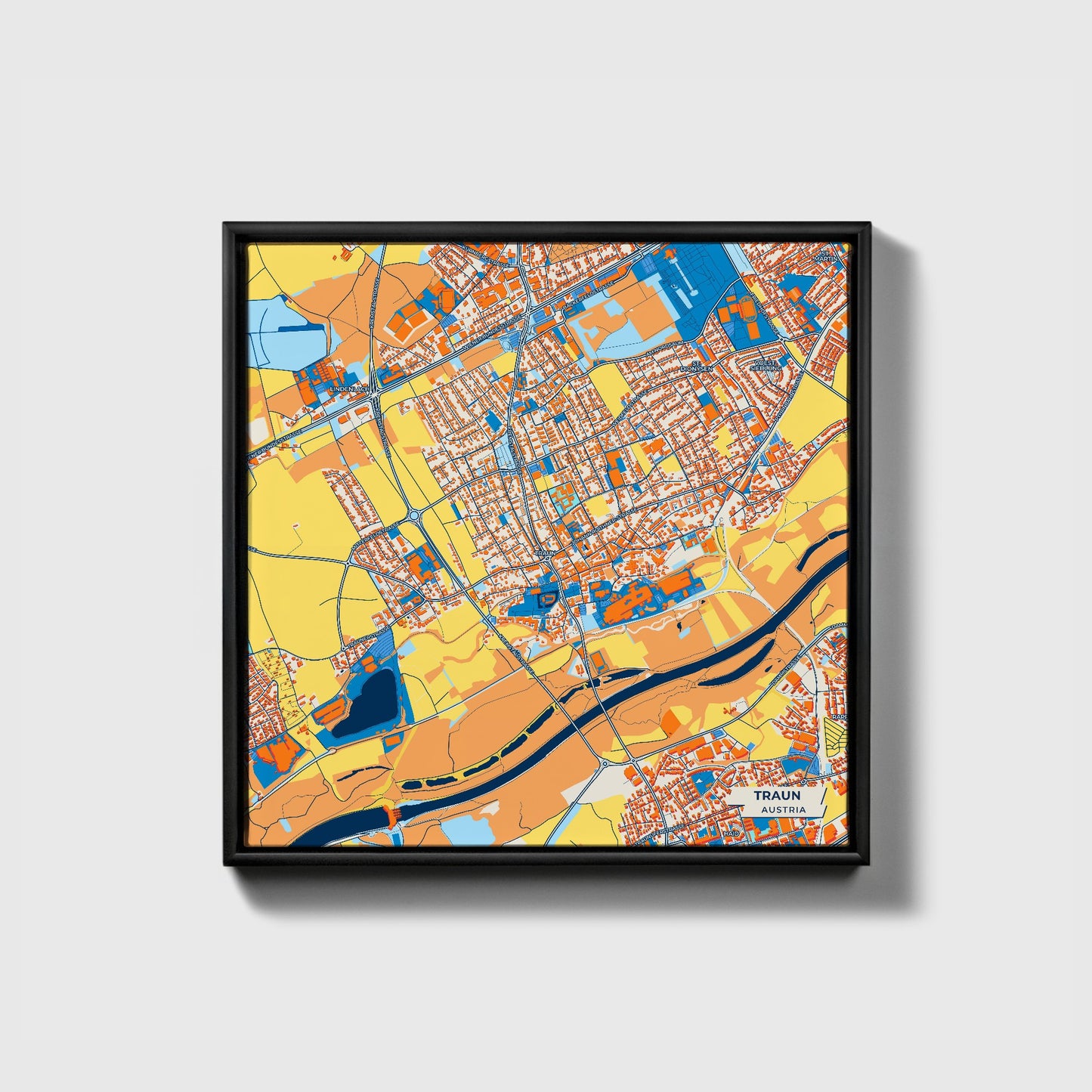 Traun Austria Colorful City Map Canvas Print • Black Framed