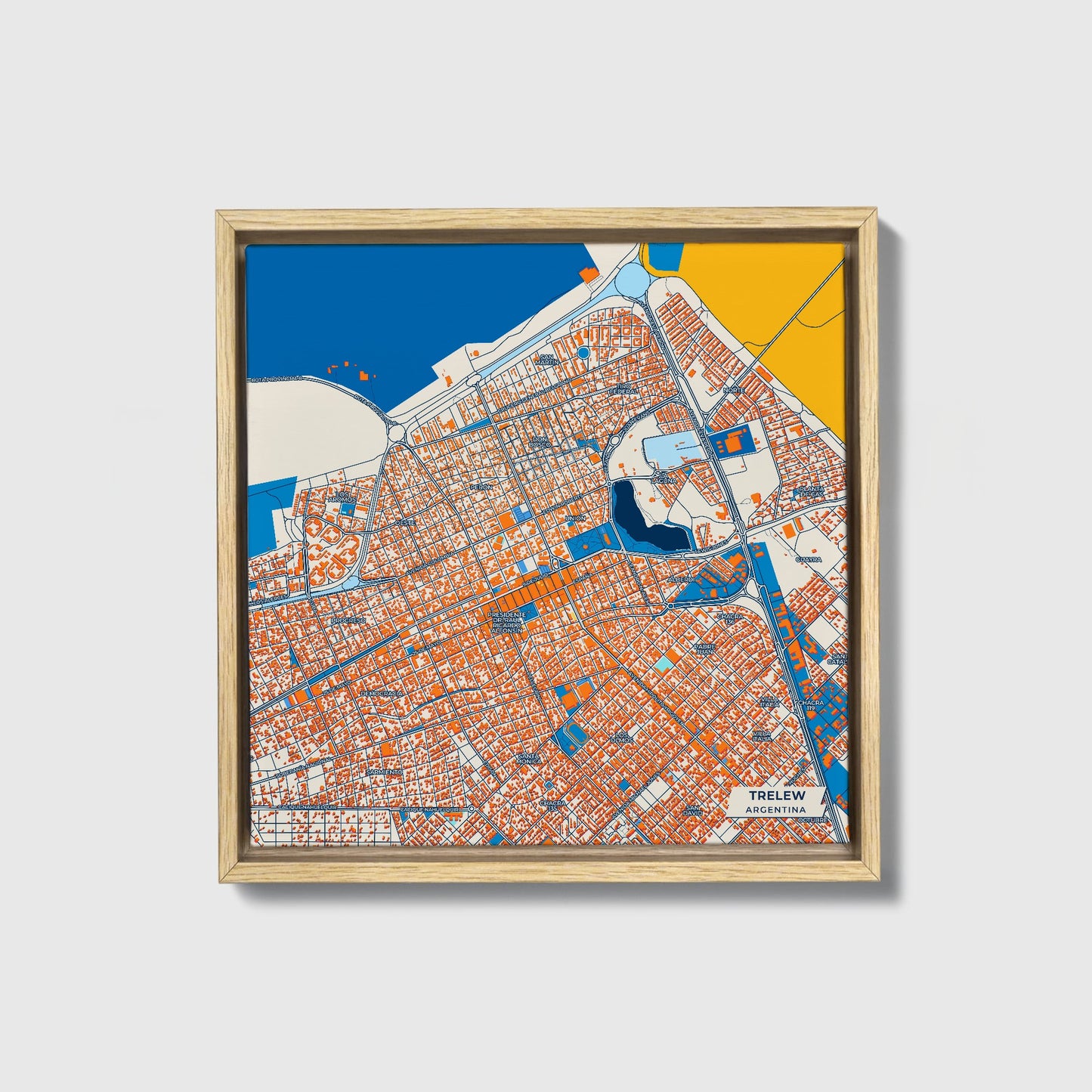 Trelew Argentina Colorful City Map Canvas Print • Natural Wooden Framed