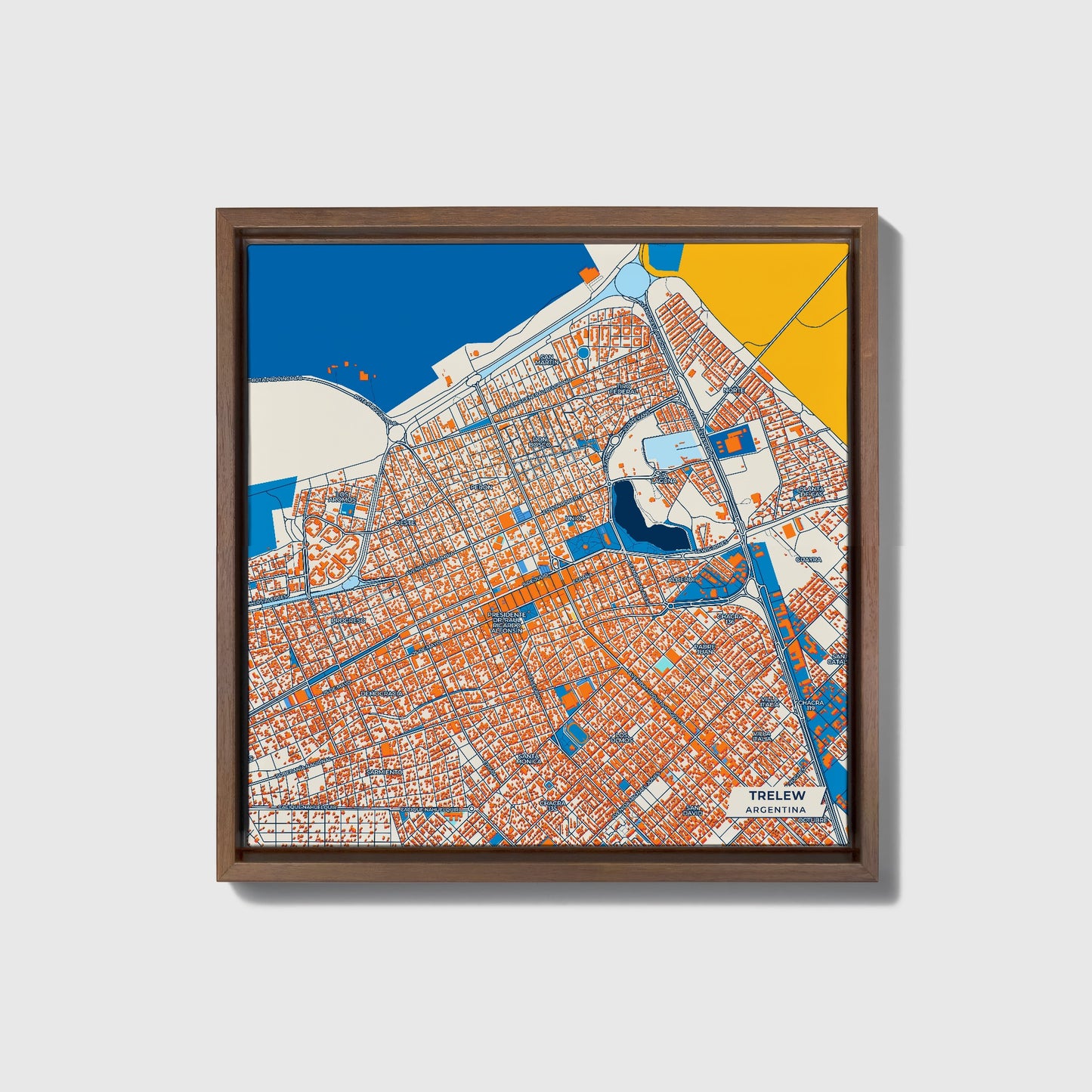 Trelew Argentina Colorful City Map Canvas Print • Dark Wooden Framed