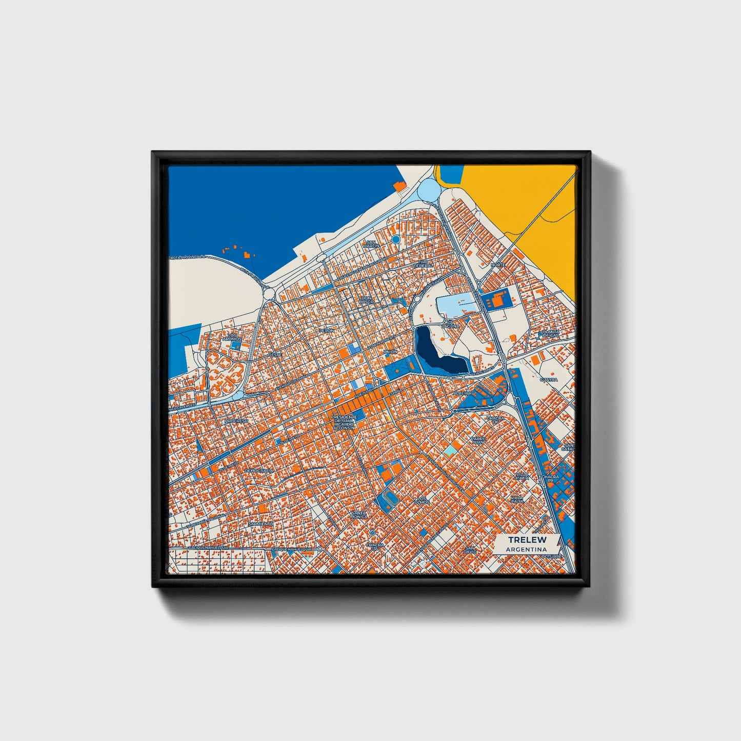 Trelew Argentina Colorful City Map Canvas Print • Black Framed
