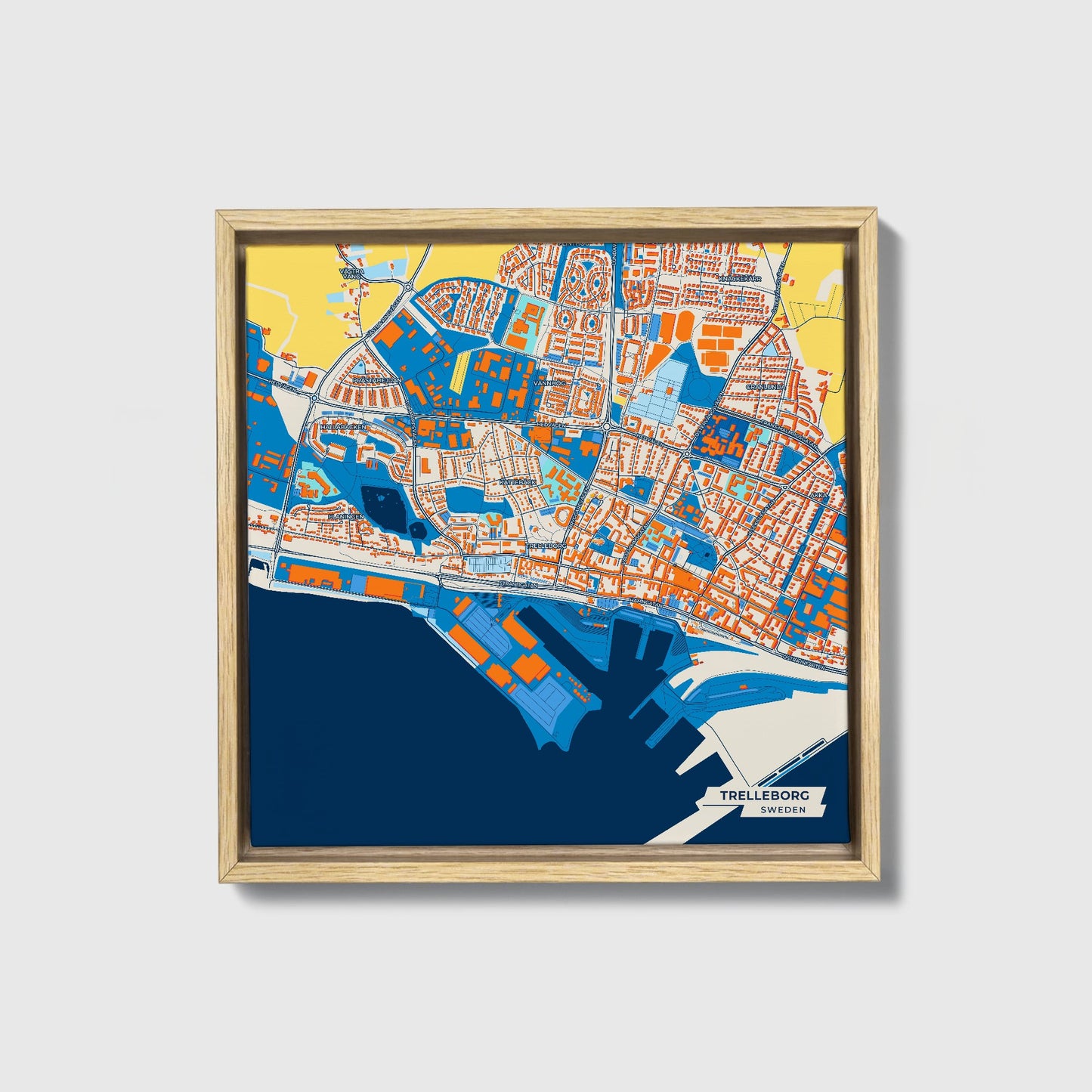 Trelleborg Sweden Colorful City Map Canvas Print • Natural Wooden Framed